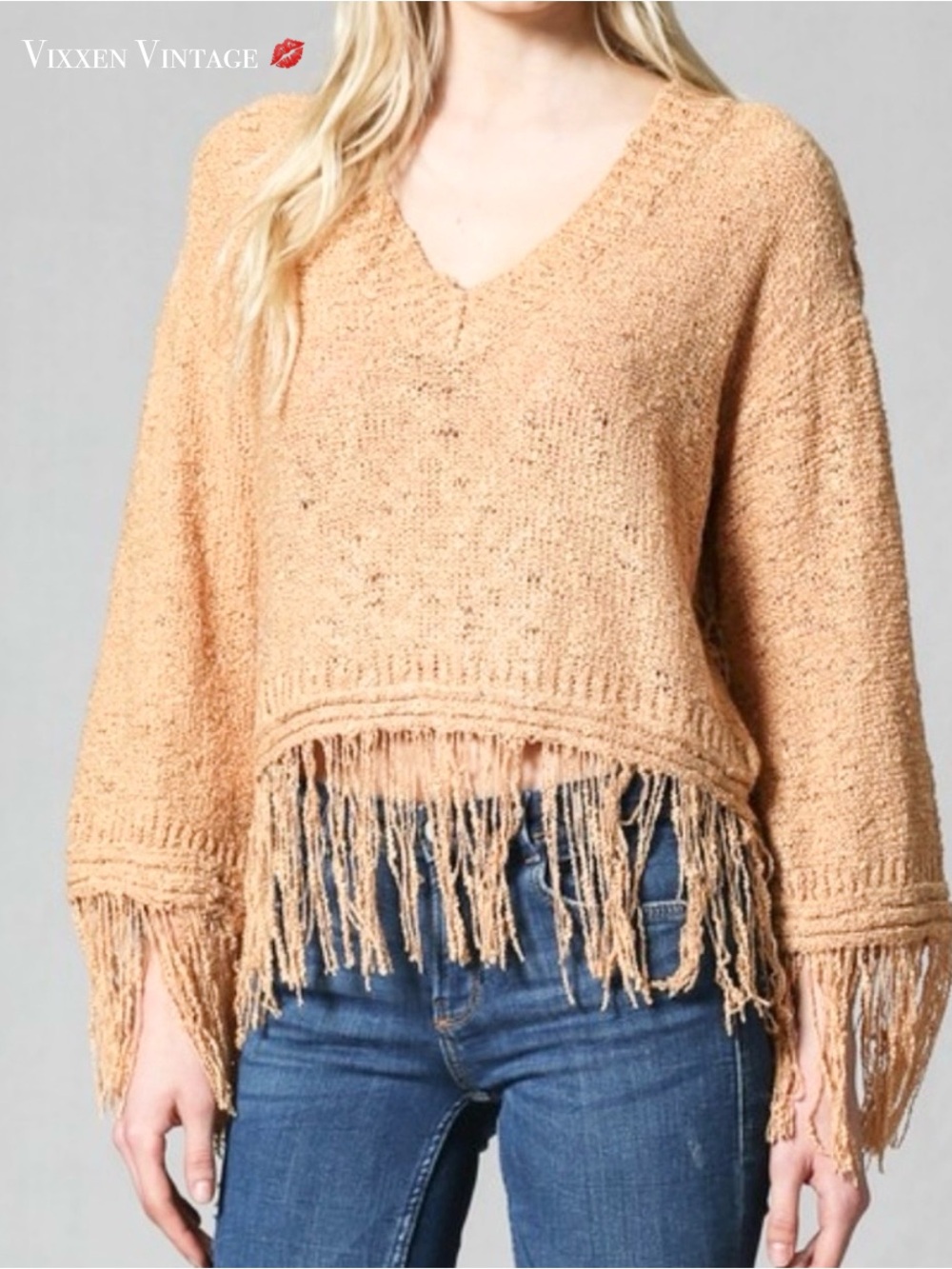 FATE OPEN KNIT TIERED 'FRINGE SWEATER' IN NATURAL
